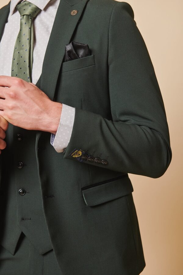 BROMLEY - Olive Green Check Three Piece Suit - Image 7