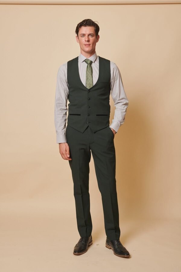 BROMLEY - Olive Green Single Breasted Check Waistcoat - Image 4