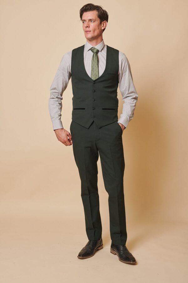 BROMLEY - Olive Green Single Breasted Check Waistcoat - Image 5