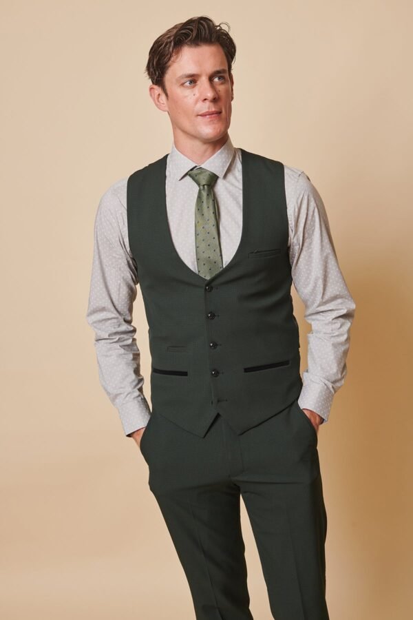 BROMLEY - Olive Green Single Breasted Check Waistcoat - Image 6