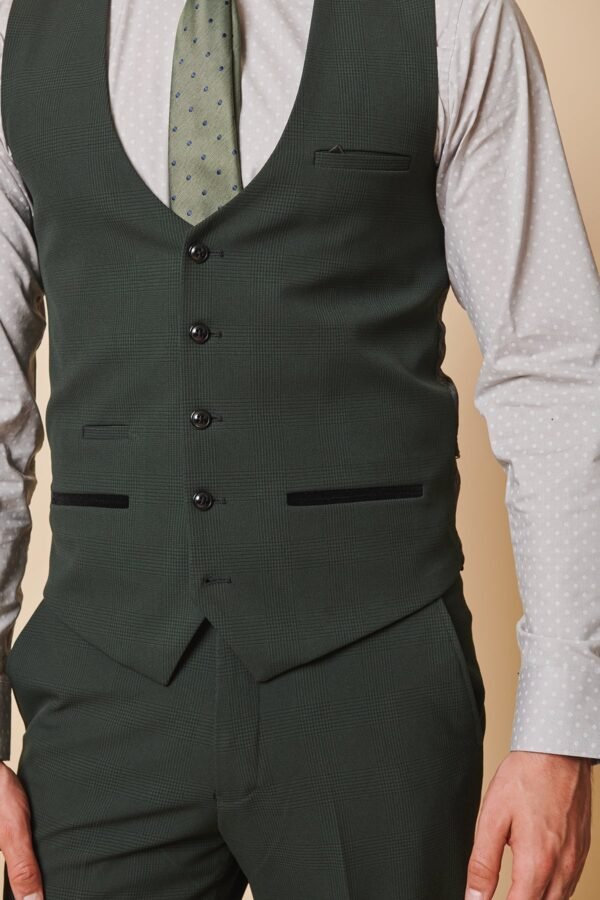 BROMLEY - Olive Green Single Breasted Check Waistcoat - Image 7