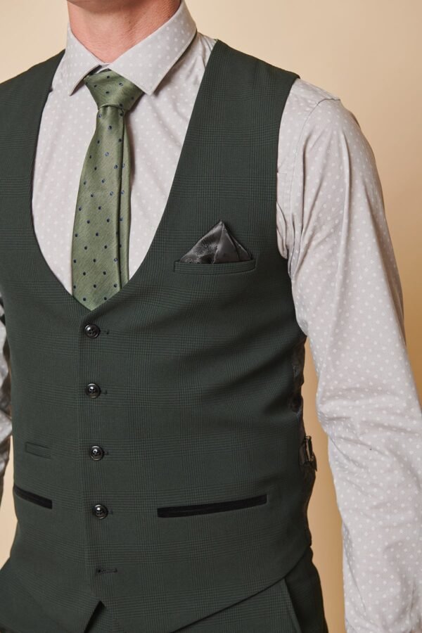 BROMLEY - Olive Green Single Breasted Check Waistcoat - Image 2