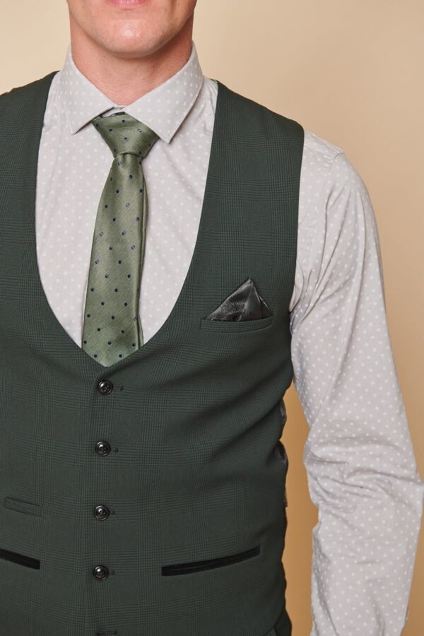 BROMLEY - Olive Green Single Breasted Check Waistcoat - Image 9