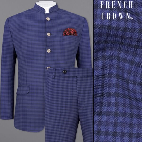 Victoria Blue Gingham Checkered Bandhgala Suit