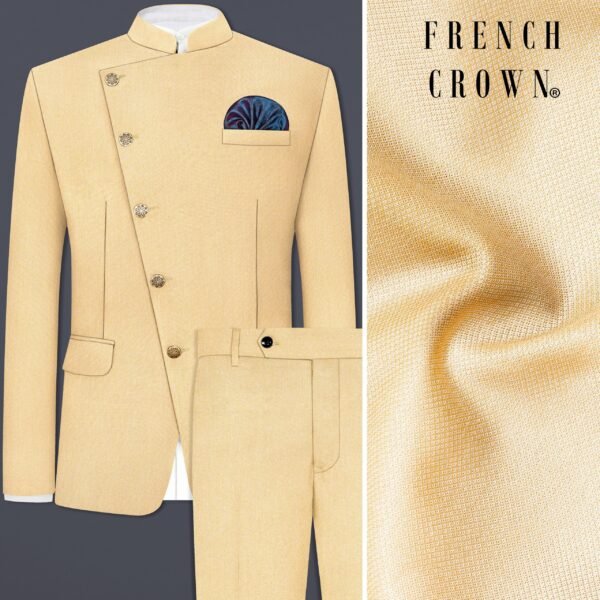 Marzipan Cream Textured Wool Blend Cross Placket Bandhgala Suit