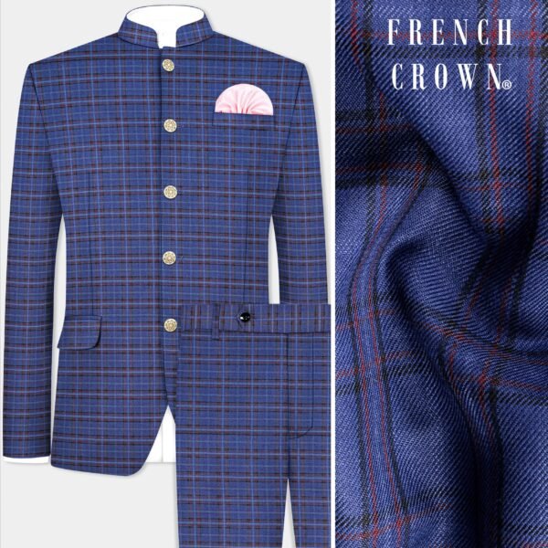 Zodiac Blue Plaid Wool Blend Bandhgala Suit