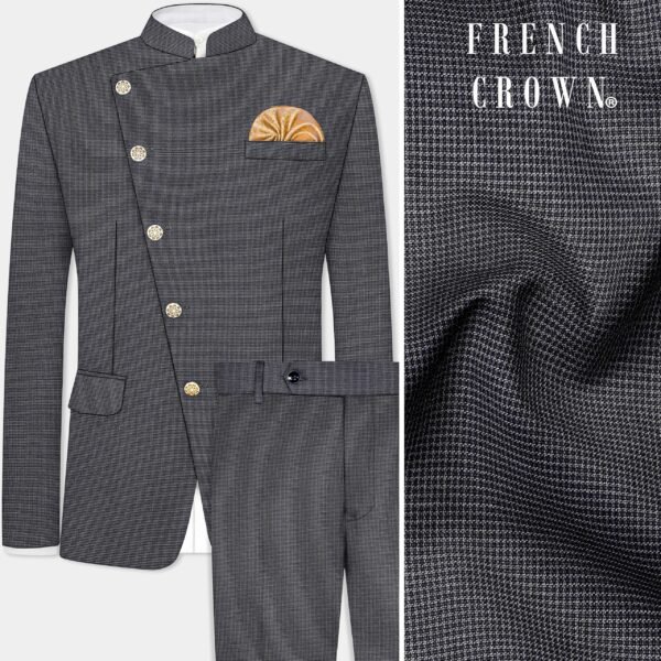 Shaft Gray Textured Wool Blend Cross Placket Bandhgala Suit