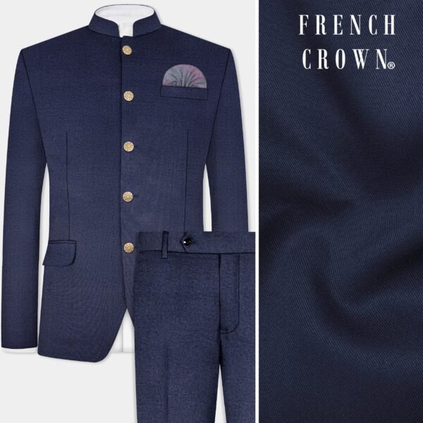 Thunder Blue Solid Wool Blend Bandhgala Suit