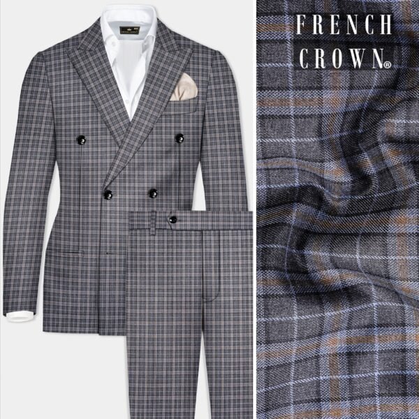 Smokey Gray Plaid Wool Blend Double Breasted Suit