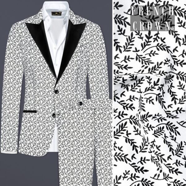 Bright White And Jade Black Printed Cotton Peak Collar Tuxedo Suit