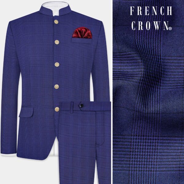 Martinique Blue Plaid Wool Blend Bandhgala Suit