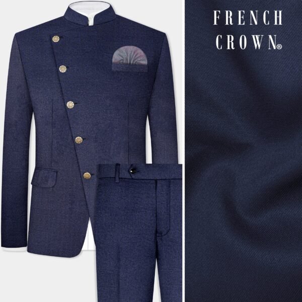 Thunder Blue Solid Wool Blend Cross Placket Bandhgala Suit