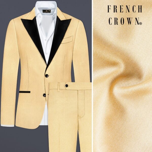 Marzipan Cream Textured Wool Blend Peak Collar Tuxedo Suit